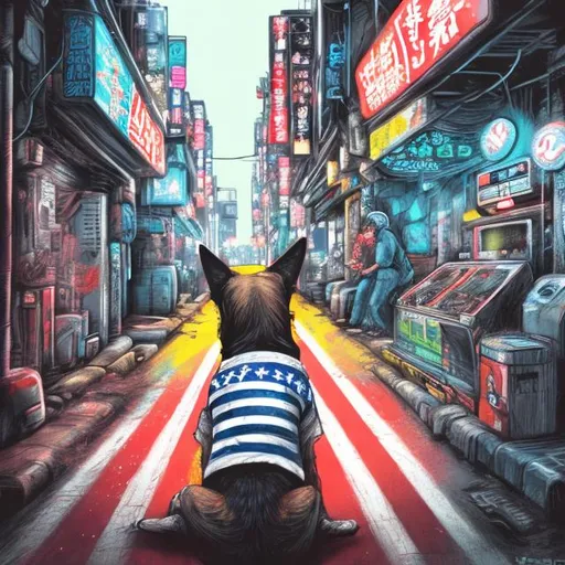 Prompt: pop art chalk pastel art of detailed dog wearing USA clothes playing in the streets in cyberpunk japan during a festival, sketch, detailed background, highres, fun atmosphere, natural lighting,  abstract, fun