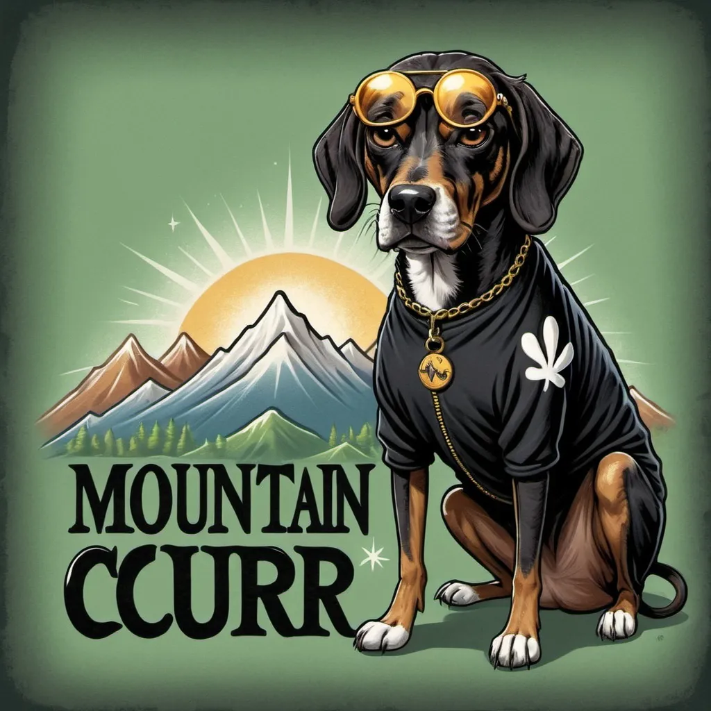 Prompt: Mountain cur black dog dressed like snoop dog art