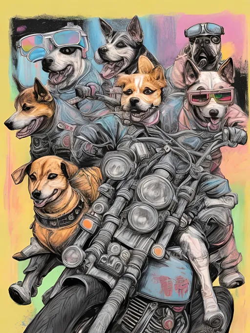 Prompt: pop art chalk pastel art of detailed dogs wearing biker gang clothes playing in the streets in cyberpunk japan during a festival, sketch, detailed background, highres, fun atmosphere, natural lighting,  abstract, fun