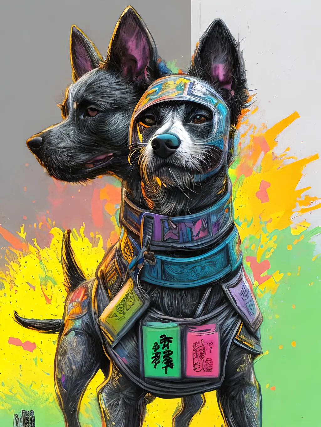 Prompt: pop art chalk pastel art of detailed dogs wearing ninja clothes playing in the streets in cyberpunk japan during a festival, sketch, detailed background, highres, fun atmosphere, natural lighting,  abstract, fun