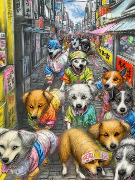 Prompt: pop art chalk pastel art of detailed dogs wearing clothes playing in the streets in japan during a festival, sketch, detailed background, highres, fun atmosphere, natural lighting,  abstract, fun