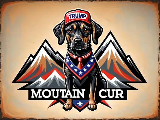 Prompt: Mountain cur black dog in pro trump clothing abstract art style