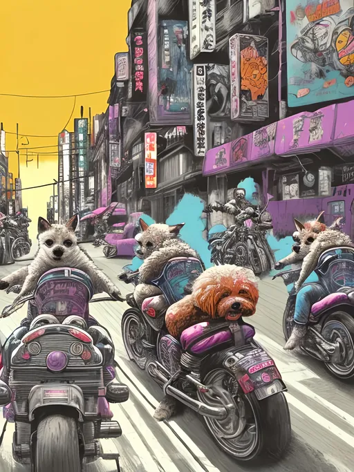 Prompt: pop art chalk pastel art of detailed dogs wearing biker gang clothes playing in the streets in cyberpunk japan during a festival, sketch, detailed background, highres, fun atmosphere, natural lighting,  abstract, fun