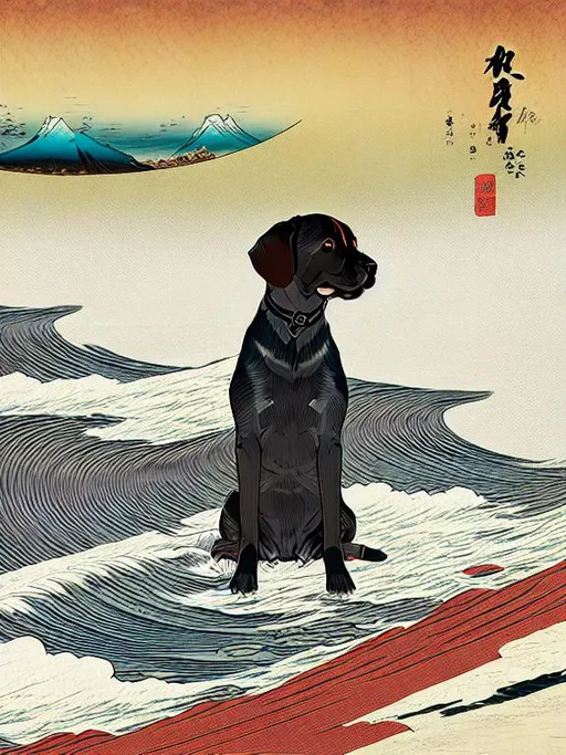 Prompt: black mountain cur dogs pooping in hiroshige wave 