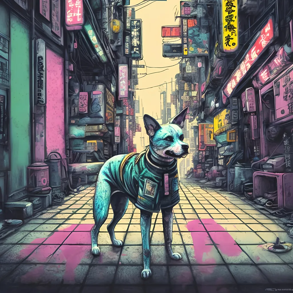 Prompt: pop art chalk pastel, a detailed grunge dog in the streets in cyberpunk japan, detailed background, natural lighting, highres, fun