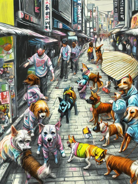 Prompt: pop art chalk pastel art of detailed dogs wearing clothes playing in the streets in japan during a festival, sketch, detailed background, highres, fun atmosphere, natural lighting,  abstract, fun