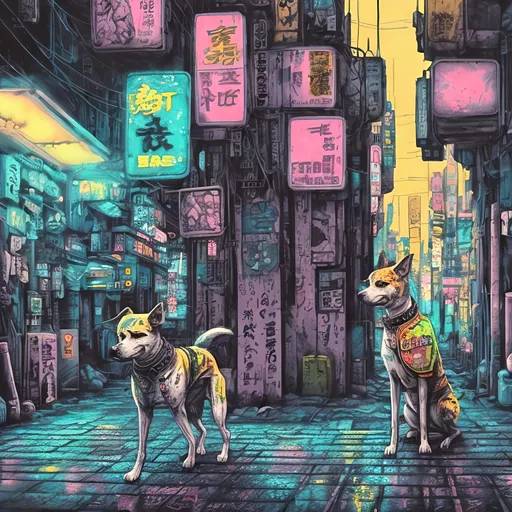 Prompt: pop art chalk pastel, a detailed grunge dog in the streets in cyberpunk japan, detailed background, natural lighting, highres, fun