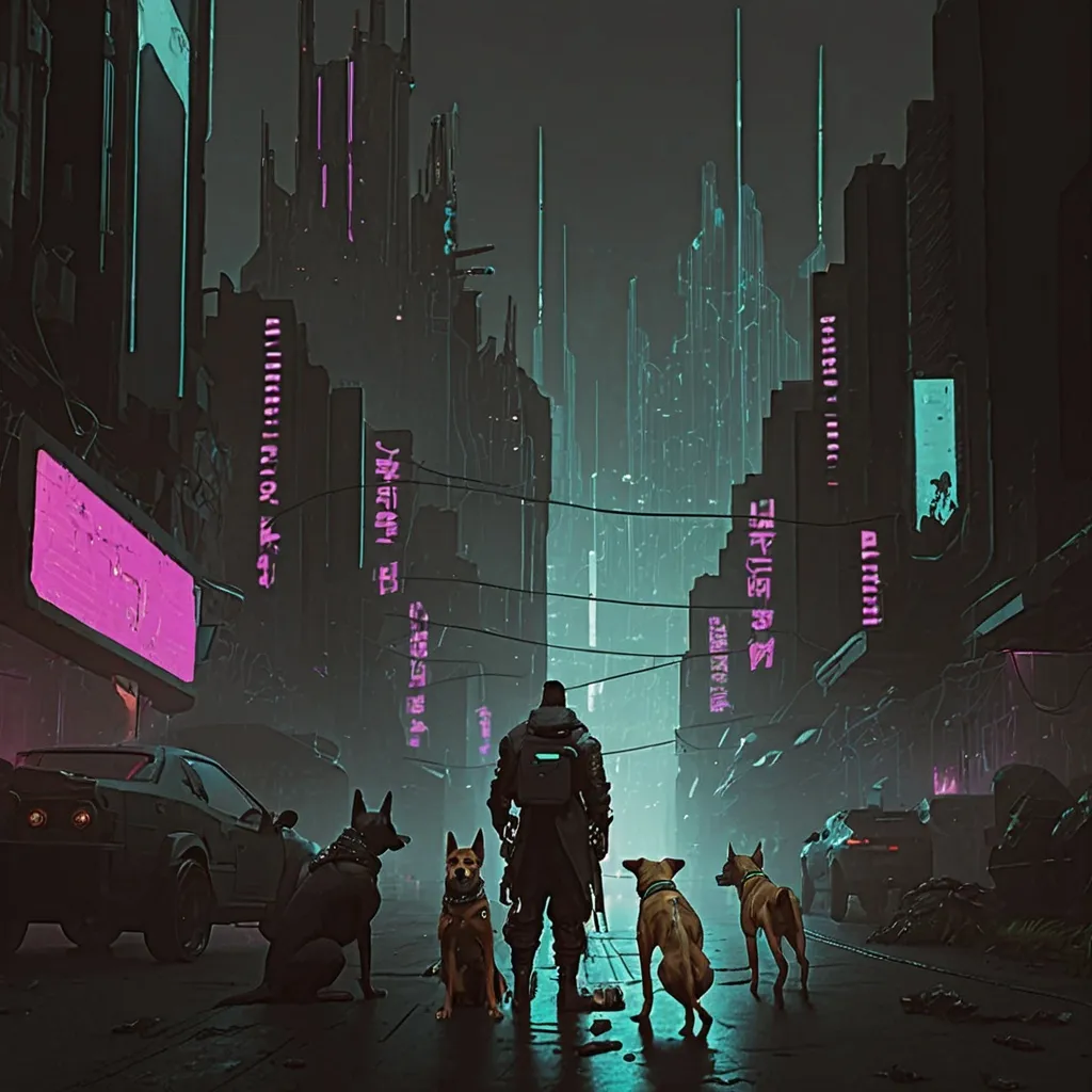 Prompt: cyberpunk city with dogs
