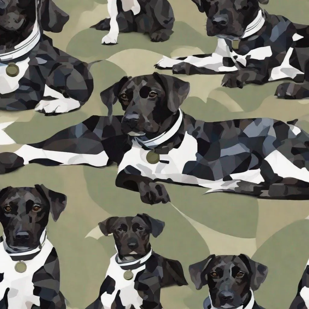 Prompt: mountain cur black dogs in pilot uniform abstract art