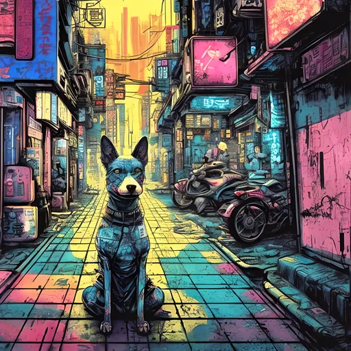 Prompt: pop art chalk pastel, a detailed grunge dog in the streets in cyberpunk japan, detailed background, natural lighting, highres, fun