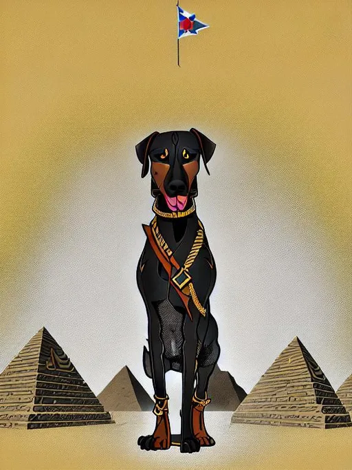 Prompt: black mountain cur dog in military gear in egypt 70s poster