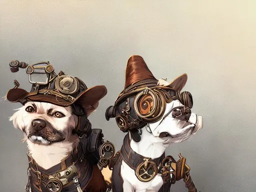 Prompt: steampunk dogs dressed in pilot clothes