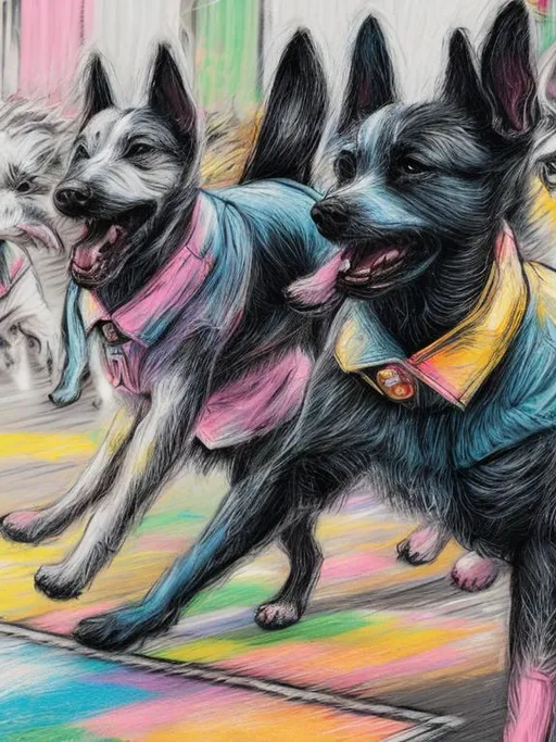 Prompt: pop art chalk pastel art of detailed dogs wearing clothes playing in the streets in japan during a festival, sketch, detailed background, highres, fun atmosphere, natural lighting,  abstract, fun