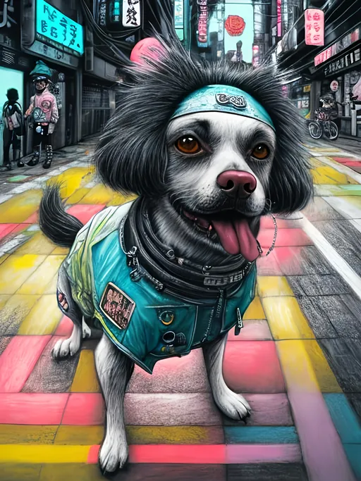 Prompt: chalk pastel art of a detailed dog wearing punk clothes in the streets in cyberpunk japan during a festival, sketch, detailed background, highres, fun atmosphere, natural lighting,  abstract, fun