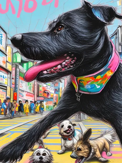 Prompt: pop art chalk pastel art of detailed dogs wearing clothes playing in the streets in japan during a festival, sketch, detailed background, highres, fun atmosphere, natural lighting,  abstract, fun