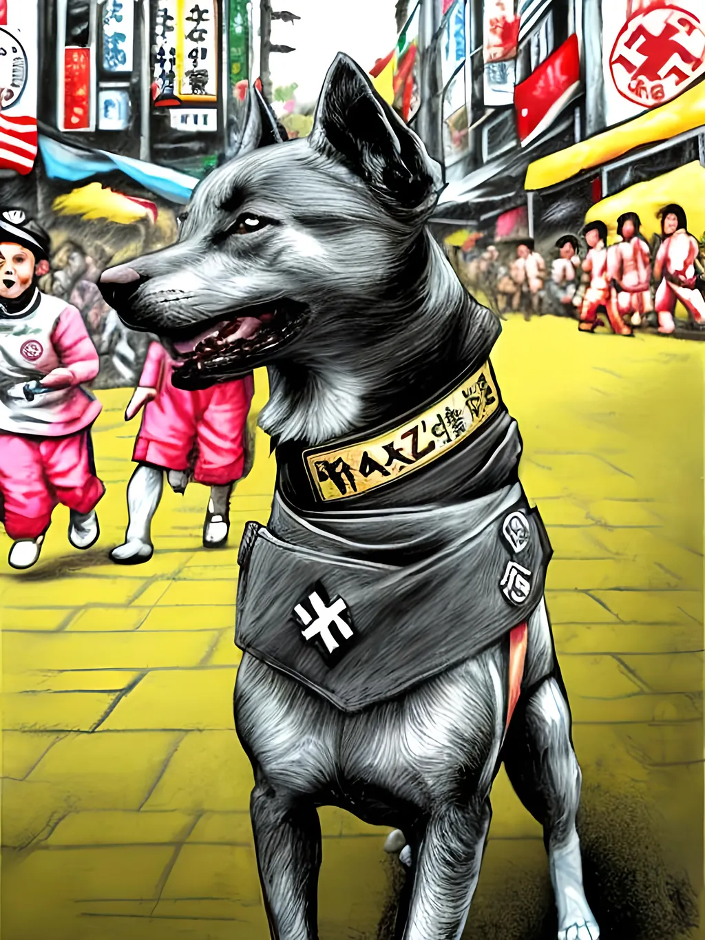 Prompt: pop art chalk pastel art of detailed dogs wearing nazi uniforms playing in the streets in japan during a festival, sketch, detailed background, highres, fun atmosphere, natural lighting,  abstract, fun