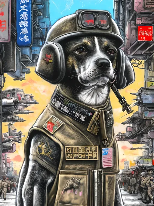 Prompt: pop art chalk pastel art of a detailed dog wearing a military uniform on the streets in cyberpunk japan during a festival with planes in the background, sketch, detailed background, highres, fun atmosphere, natural lighting,  abstract, fun