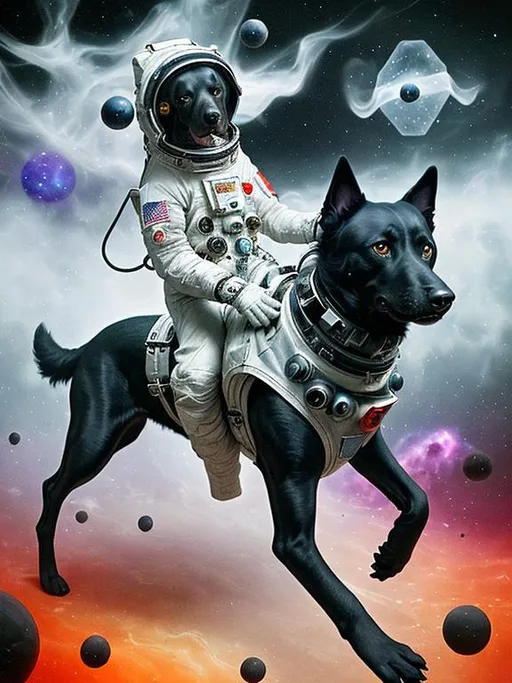 Prompt: Surrealism black dogs in cowboy outfits in space, abstract art style, eerie atmosphere, floating celestial bodies, mysterious nebulae, dreamlike, surreal, high contrast, otherworldly, abstract, space, astronaut, eerie atmosphere, celestial bodies, dreamlike, surreal, high contrast, mysterious, nebulae, dogs