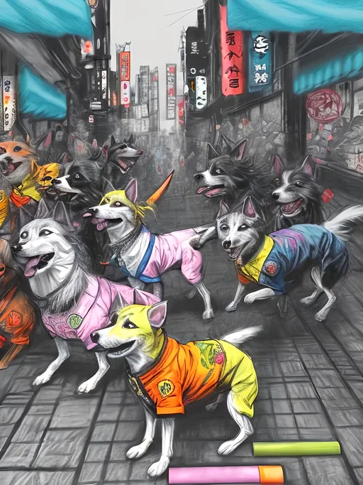 Prompt: pop art chalk pastel art of detailed dogs wearing gangster clothes playing in the streets in japan during a festival, sketch, detailed background, highres, fun atmosphere, natural lighting,  abstract, fun