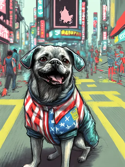 Prompt: pop art chalk pastel art of detailed dog wearing USA clothes playing in the streets in cyberpunk japan during a festival, sketch, detailed background, highres, fun atmosphere, natural lighting,  abstract, fun