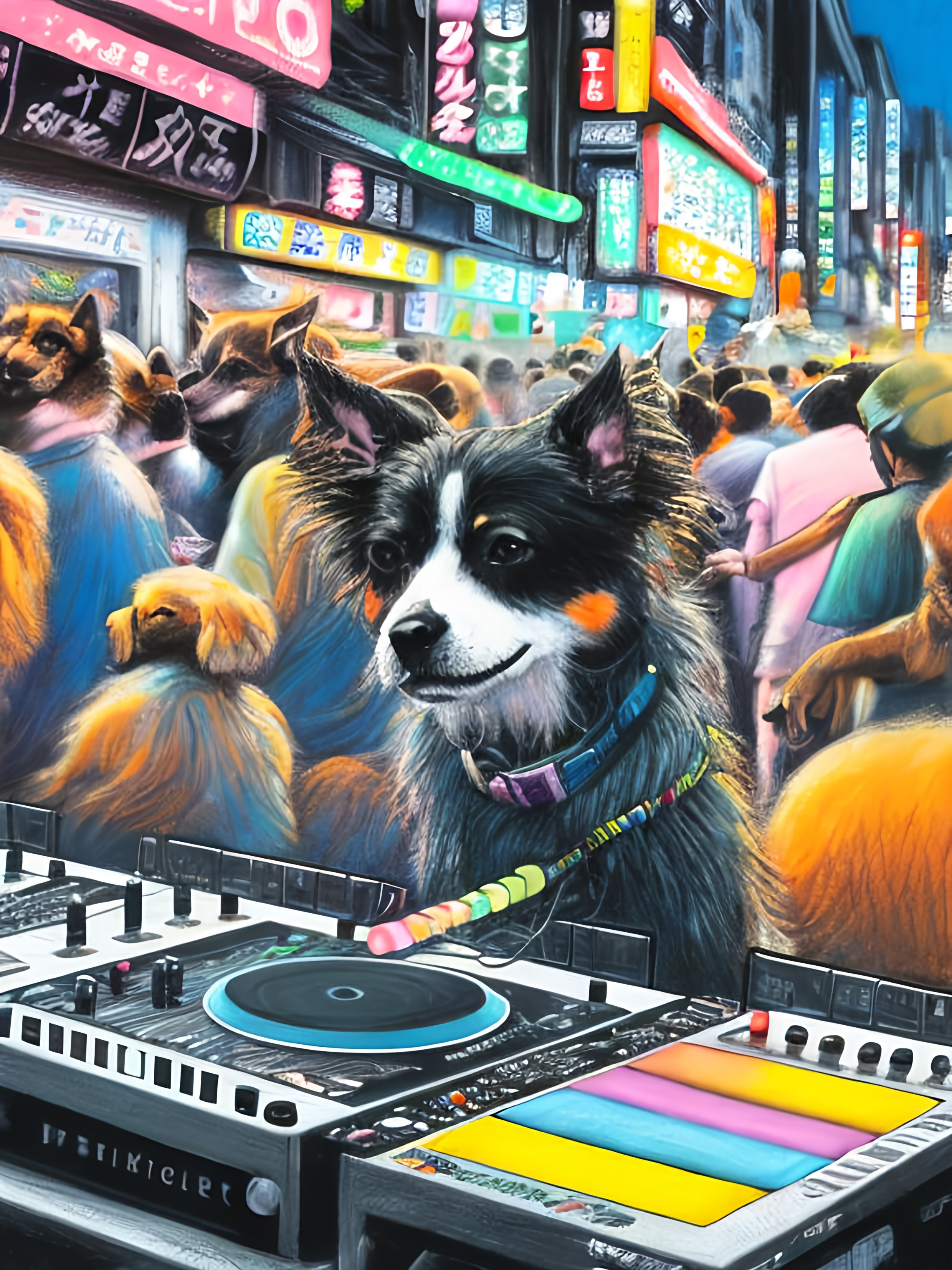 chalk pastel art of detailed dog DJing in the street