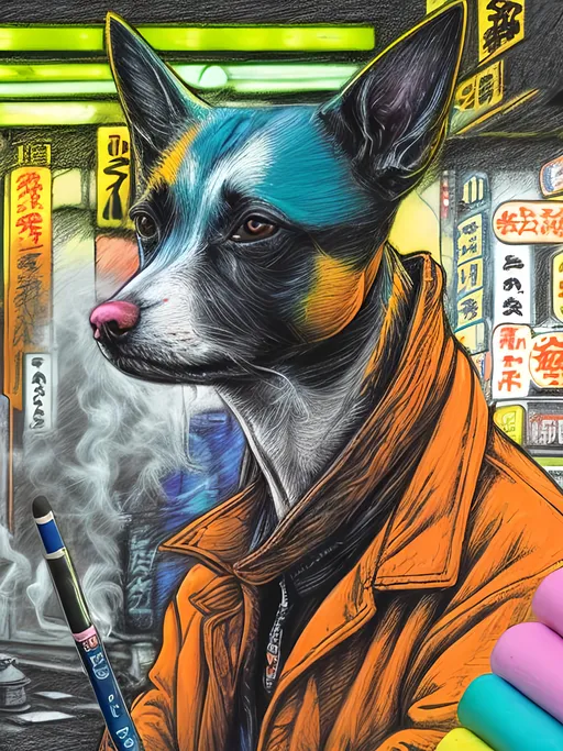 Prompt: pop art chalk pastel art of detailed dog smoking in cyberpunk japan during a festival, sketch, detailed background, highres, fun atmosphere, natural lighting,  abstract, fun