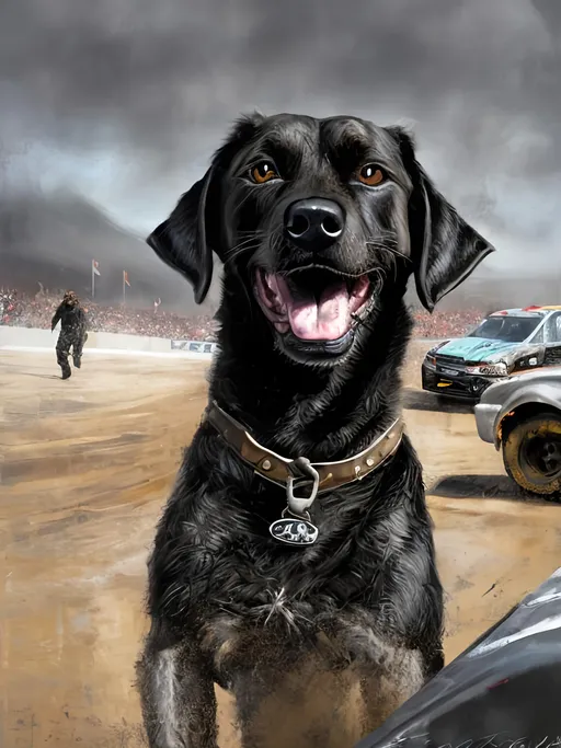 Prompt: Detailed mountain cur all black dog at a nascar race, pop art chalk pastel, grunge, highres, abstract, natural lighting, lively atmosphere, fun, vibrant, happy-go-lucky, detailed dogs, detailed eyes, detailed fur, festive, flying, post-apocalyptic, Japan, chalk pastel, detailed background, grunge style, abstract art, high quality, natural lighting