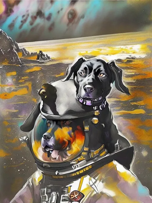 Prompt: Surrealism black dogs in cowboy outfits in space, abstract art style, cowboy hat, fun atmosphere, floating celestial bodies, mysterious nebulae, dreamlike, surreal, high contrast, otherworldly, abstract, space, astronaut, fun atmosphere, celestial bodies, dreamlike, surreal, high contrast, mysterious, nebulae, dogs, Pro trump clothing