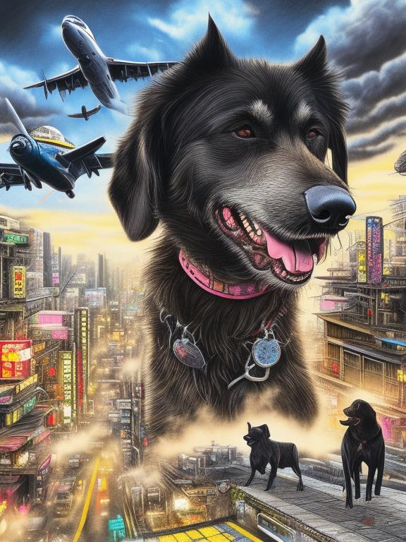 Prompt: pop art chalk pastel art of a detailed happy mountain cur black dog in the streets in cyberpunk Japan during a festival with planes in the background, sketch, detailed background, highres, fun atmosphere, natural lighting,  abstract, fun