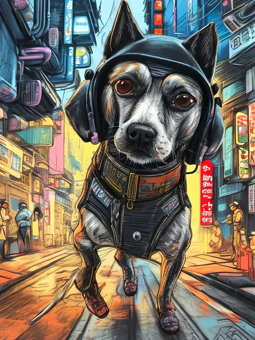 Prompt: pop art chalk pastel art of a detailed dog wearing a pilot uniform playing in the streets in cyberpunk japan during a festival, sketch, detailed background, highres, fun atmosphere, natural lighting,  abstract, fun