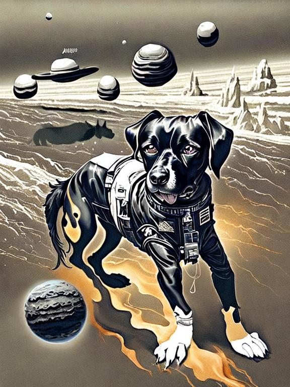 Prompt: Surrealism black dogs in trump outfits in space, abstract art style, cowboy hat, fun atmosphere, floating celestial bodies, mysterious nebulae, dreamlike, surreal, high contrast, otherworldly, abstract, space, astronaut, fun atmosphere, celestial bodies, dreamlike, surreal, high contrast, mysterious, nebulae, dogs, usa