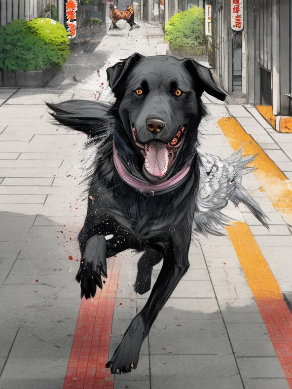 Prompt: a black dog wearing cool clothes chasing a chicken in the streets in japan, sketch, detailed background, highres, fun atmosphere, natural lighting, pastel colors, abstract, fun