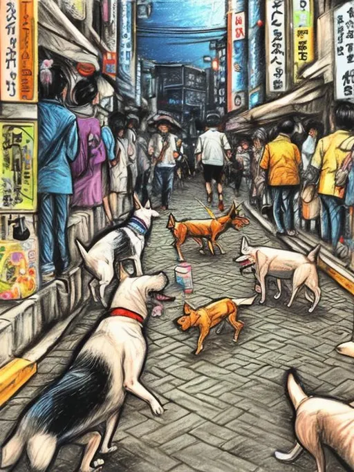 Prompt: pop art chalk pastel art of detailed dogs playing in the streets in japan during a festival, sketch, detailed background, highres, fun atmosphere, natural lighting,  abstract, fun