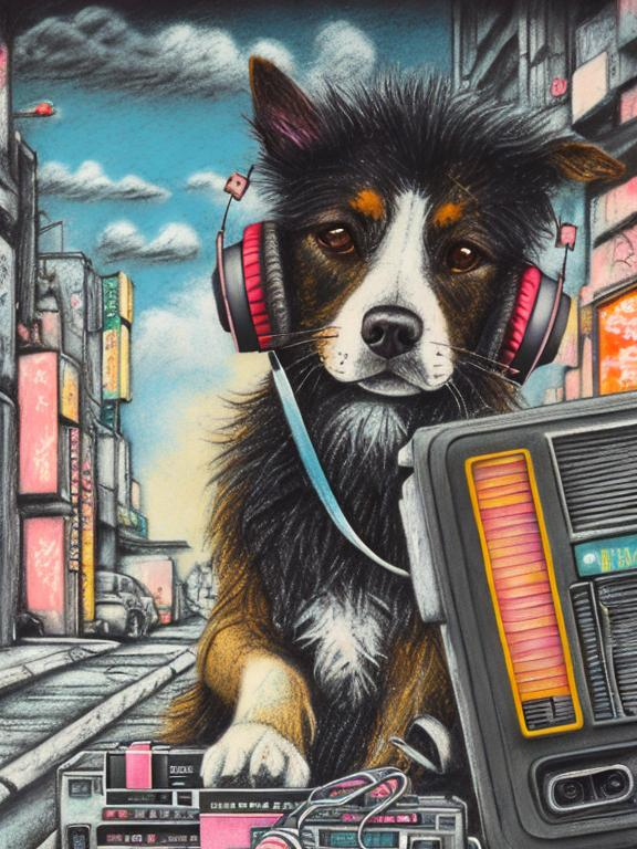 Prompt: chalk pastel art of a detailed dog listening to music on a tape player on the streets in post-apocalyptic Japan during a festival with planes in the background, sketch, detailed background, highres, fun atmosphere, natural lighting,  abstract, fun