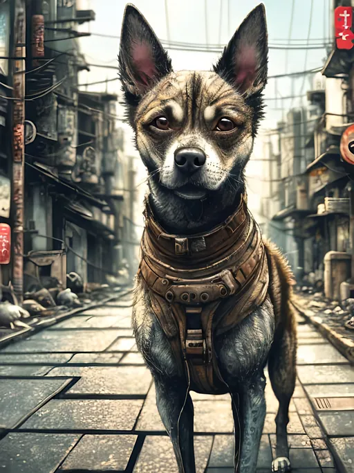 Prompt: chalk pastel style of a detailed dog in the streets in post-apocalyptic japan during a festival, sketch, detailed background, highres, fun atmosphere, natural lighting,  abstract, fun