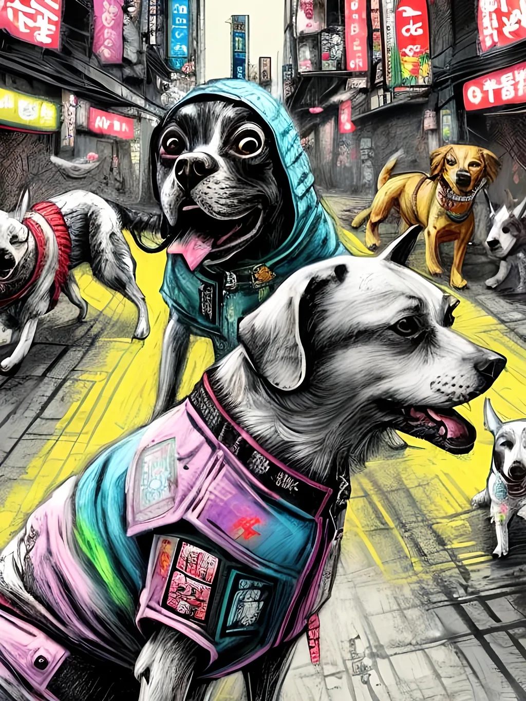 Prompt: pop art chalk pastel art of detailed dogs wearing gangster clothes playing in the streets in cyberpunk japan during a festival, sketch, detailed background, highres, fun atmosphere, natural lighting,  abstract, fun