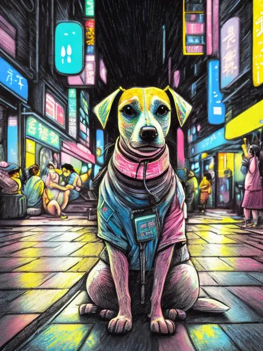 Prompt: pop art chalk pastel art of a detailed dog listening to music on the streets in cyberpunk japan during a festival, sketch, detailed background, highres, fun atmosphere, natural lighting,  abstract, fun