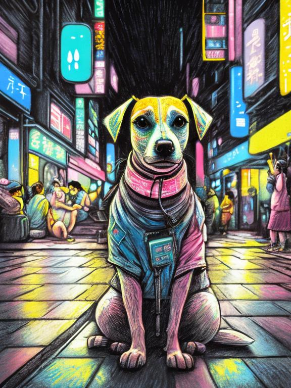 Prompt: pop art chalk pastel art of a detailed dog listening to music on the streets in cyberpunk japan during a festival, sketch, detailed background, highres, fun atmosphere, natural lighting,  abstract, fun