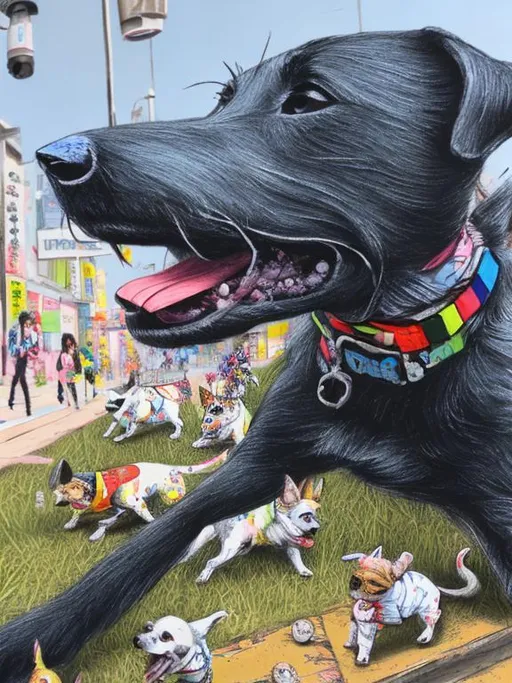 Prompt: pop art chalk pastel art of detailed dogs wearing clothes playing in the streets in japan during a festival, sketch, detailed background, highres, fun atmosphere, natural lighting,  abstract, fun