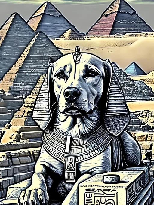 Prompt: pop art chalk pastel art of detailed dog as the sphinx in egypt, sketch, detailed background, highres, fun atmosphere, natural lighting,  abstract, fun