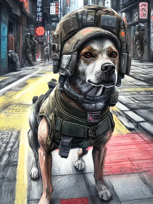 Prompt: chalk pastel art of a detailed dog military clothes on the streets in cyberpunk japan during a festival, sketch, detailed background, highres, fun atmosphere, natural lighting,  abstract, fun