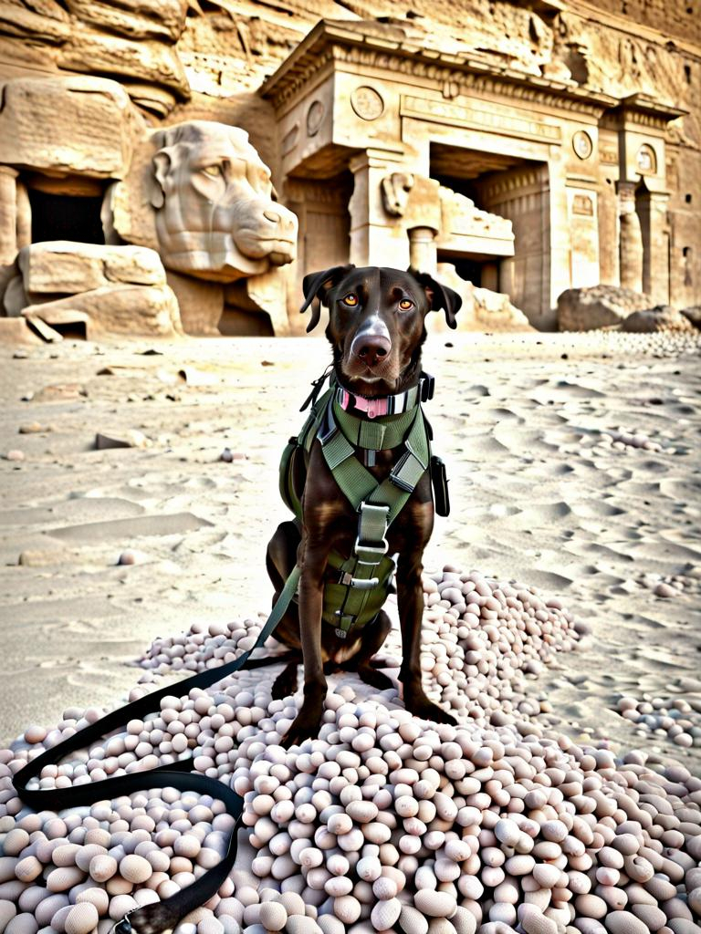 Prompt: black mountain cur dog in military gear in egypt poster