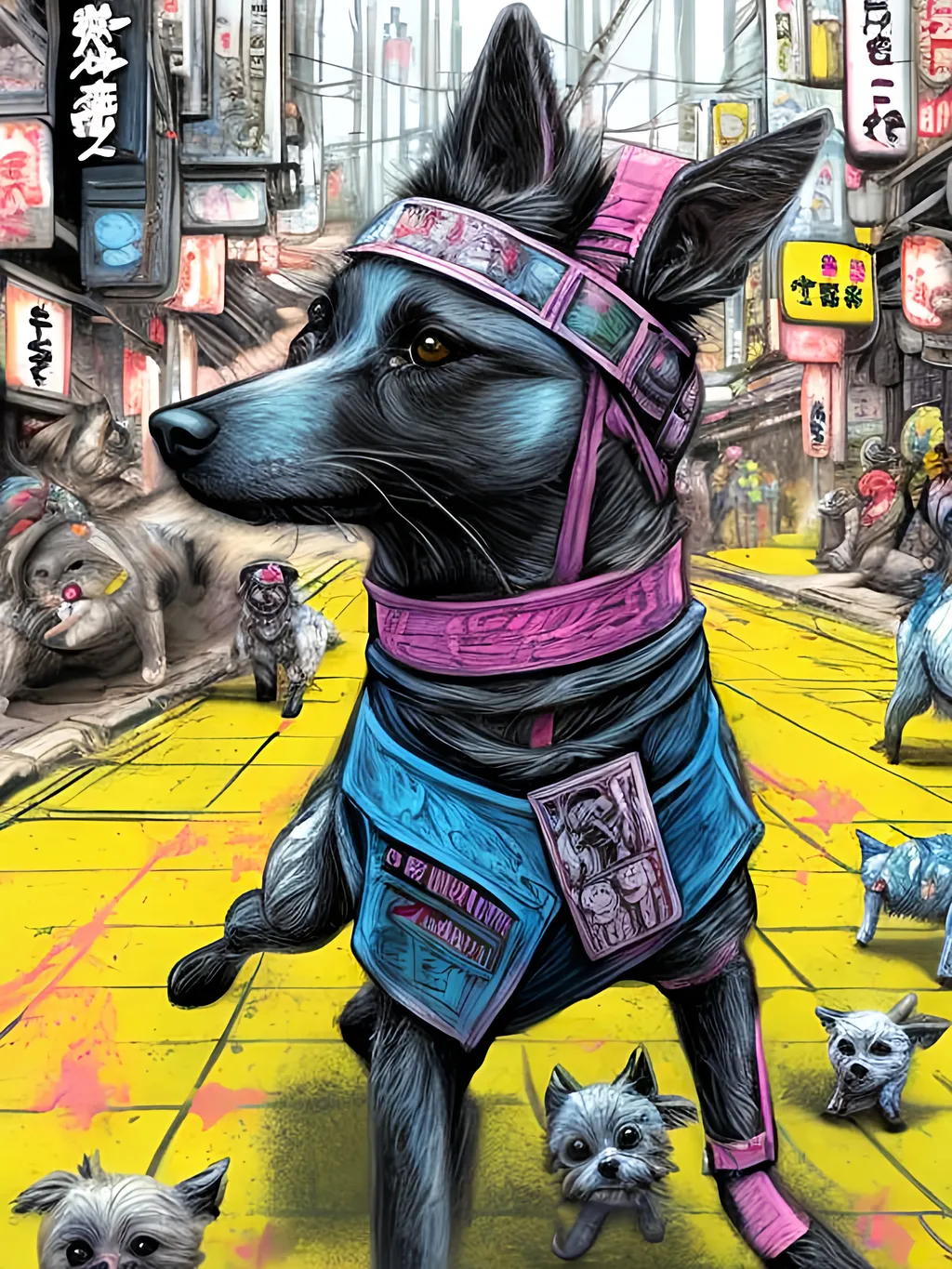 Prompt: pop art chalk pastel art of detailed dogs wearing ninja clothes playing in the streets in cyberpunk japan during a festival, sketch, detailed background, highres, fun atmosphere, natural lighting,  abstract, fun