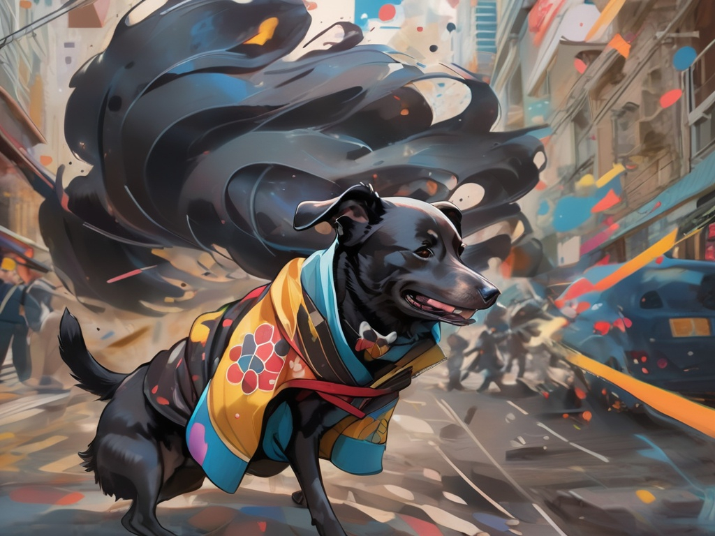 Prompt: black dog wearing ninja clothes having fun in the streets with a battle in the background, dogs, abstract art, Screen print, digital art, 8k resolution trending on Artstation, golden ratio, akira, rule of thirds, geometric bauhaus, Studio Ghibli, Anime Key Visual, by Makoto Shinkai, Deep Color, Intricate, 8k resolution concept art, Natural Lighting, Beautiful Composition