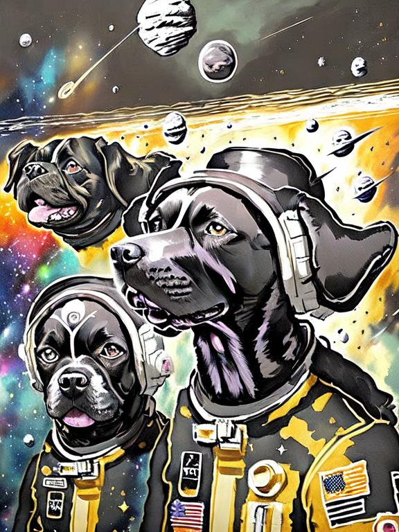 Prompt: Surrealism black dogs in trump outfits in space, abstract art style, cowboy hat, fun atmosphere, floating celestial bodies, mysterious nebulae, dreamlike, surreal, high contrast, otherworldly, abstract, space, astronaut, fun atmosphere, celestial bodies, dreamlike, surreal, high contrast, mysterious, nebulae, dogs, usa