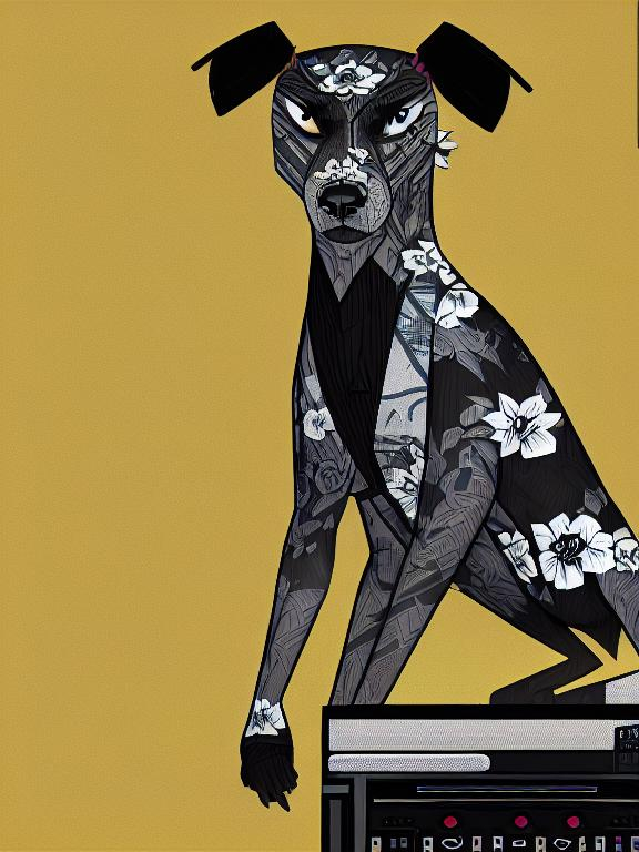 Prompt: all black mountain cur dog dressed as yakuza DJing