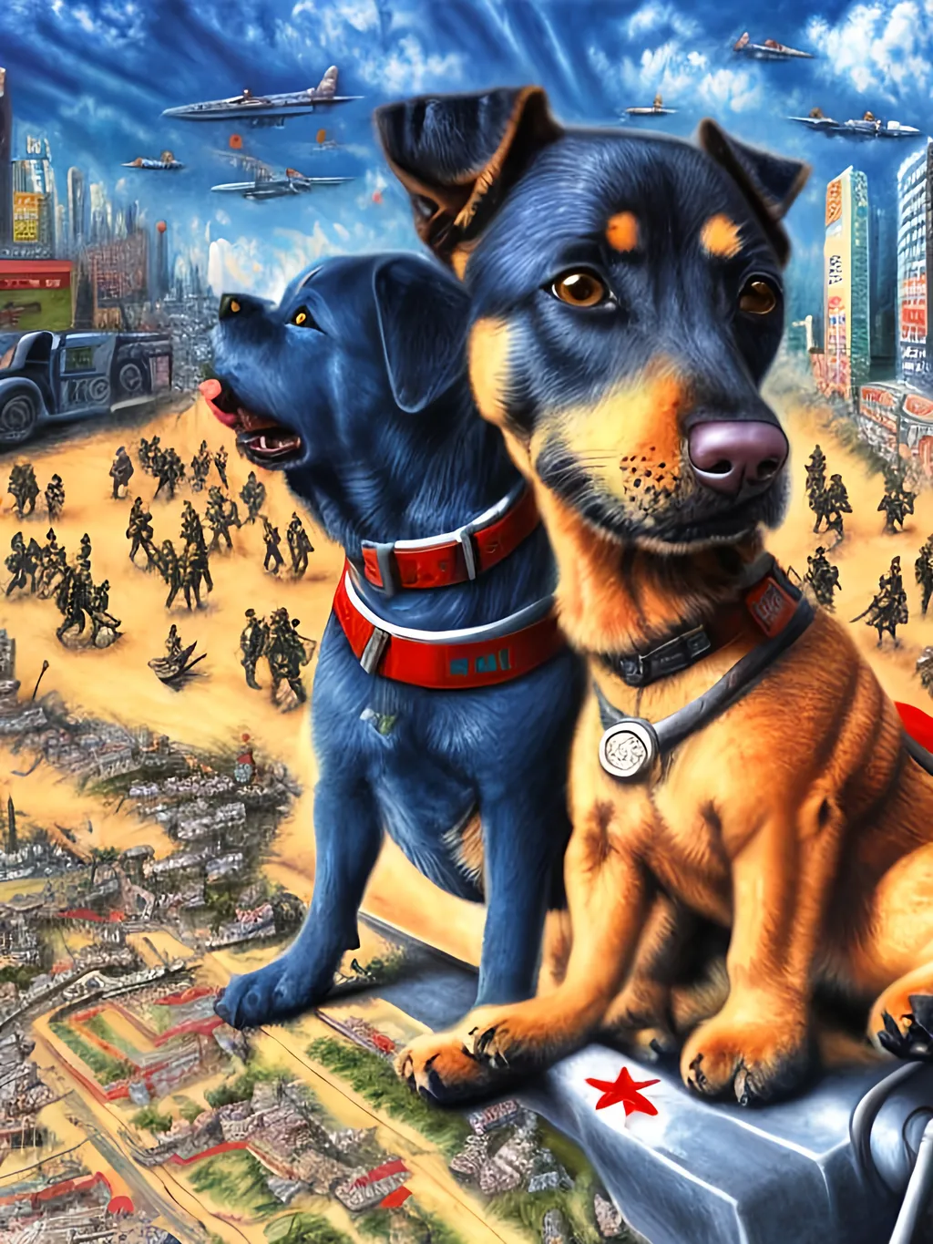 Prompt: Detailed chalk pastel of a dogs in soldier uniforms, detailed background of tokyo japan with airplanes, highres, natural lighting, happy, fun, lively atmosphere