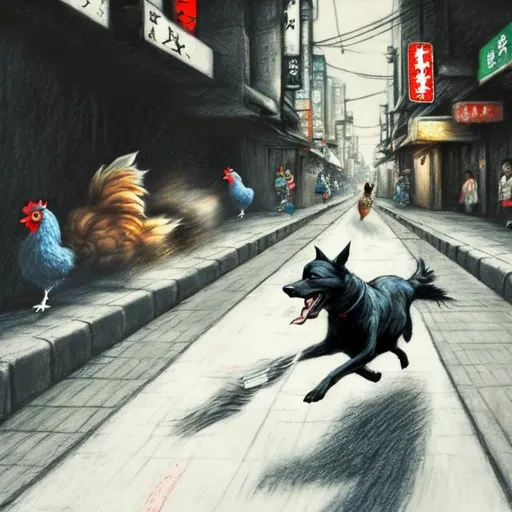 Prompt: chalk pastel art of a black dog wearing clothes chasing a chicken in the streets in japan, sketch, detailed background, highres, fun atmosphere, natural lighting, pastel colors, abstract, fun