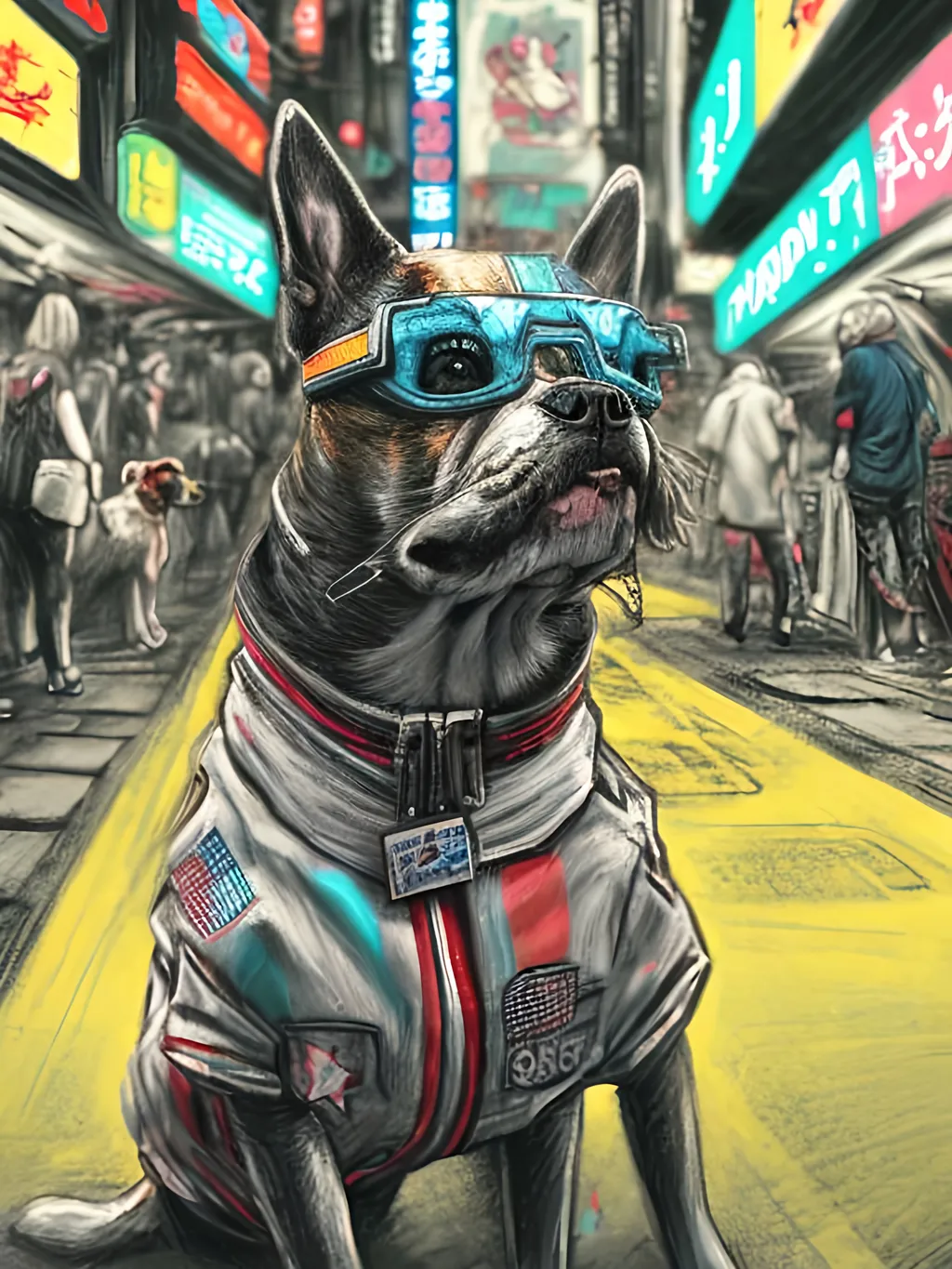 Prompt: pop art chalk pastel art of detailed dog wearing USA clothes playing in the streets in cyberpunk japan during a festival, sketch, detailed background, highres, fun atmosphere, natural lighting,  abstract, fun