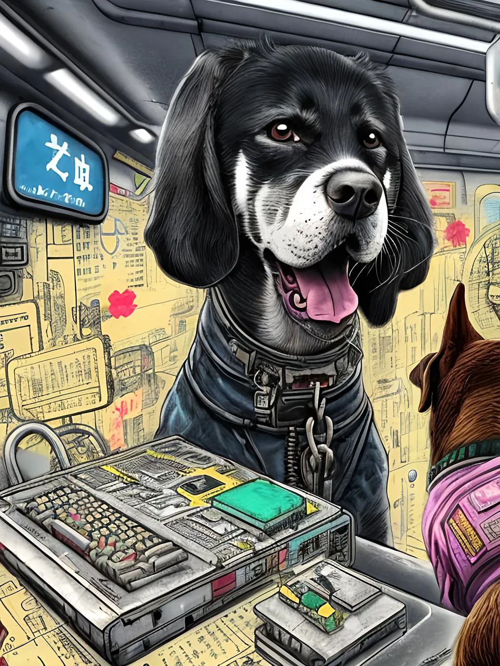 Prompt: pop art chalk pastel art of a detailed dog hacking a computer on the subway train in cyberpunk japan with planes in the background, sketch, detailed background, highres, fun atmosphere, natural lighting,  abstract, fun